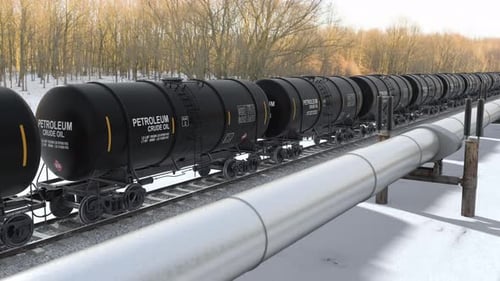 Petroleum Crude Oil Train Transporting Fuel on Railway Beside Pipeline