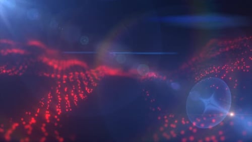 Abstract red digital wave particles with lens flare, futuristic tech concept