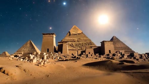 Cinematic 3D render of a massive ancient pyramid towering over a small peaceful village town