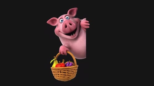 3D Cartoon Pig with Fruit Basket Peeking Animation