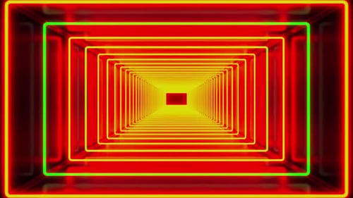 Abstract Neon Rectangular Tunnel Flying Towards Camera