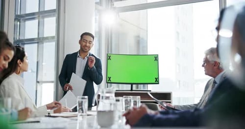Computer, green screen and businessman with presentation for team in office with financial
