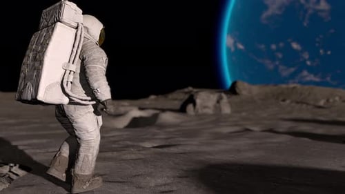 3D Animated Astronaut Exploring Lunar Surface with Blue Planet