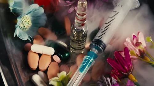 Pills, Syringe, and Medicine Vial with Flowers on Tray