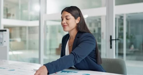 Business woman, finance and statistics documents for data analytics growth