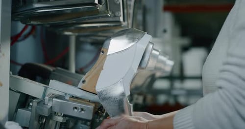 Assembling Silver and White High Heel Shoe on Machine