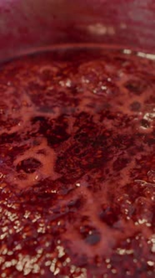 Close-up of Boiling Homemade Raspberry Jam