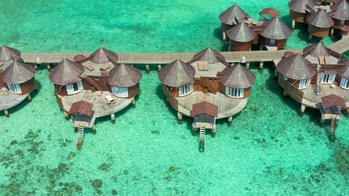 Luxury Overwater Villas with Coconut Palm Trees Blue Lagoon White Sandy Beach at Bora Bora Island