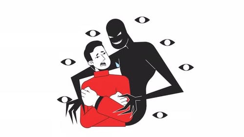 Animated Flat Design Illustration of Man Overcome by Fear and Shadow