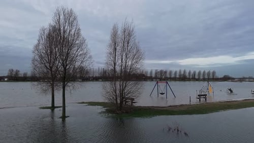 Riverside Playground Submerged by the Lek River, flooded land