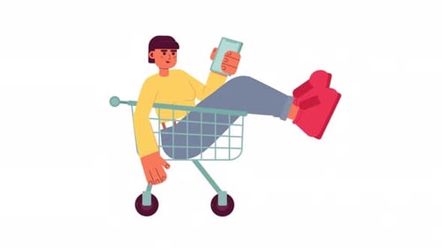 Person Using Phone in Shopping Cart Flat Design Animation