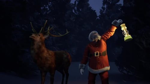 Weihnachtsmann hält eine Lampe mit einem Reh in einem verschneiten Waldschneesturm