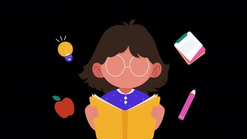Animated Student Reading a Book with Education Icons
