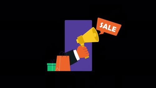 Flat Design Animated Hand with Megaphone Announcing Sale