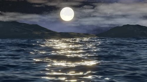 Night scene with a full moon above the ocean, reflecting on water near mountains