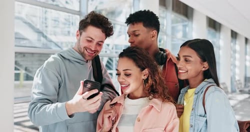 Funny, selfie and student friends on campus at a university or college take picture to share