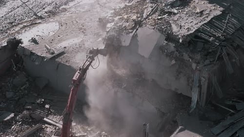 Drone Shot of Destroyed Buildings Demolition of the Building Excavator Working Rubbish in a