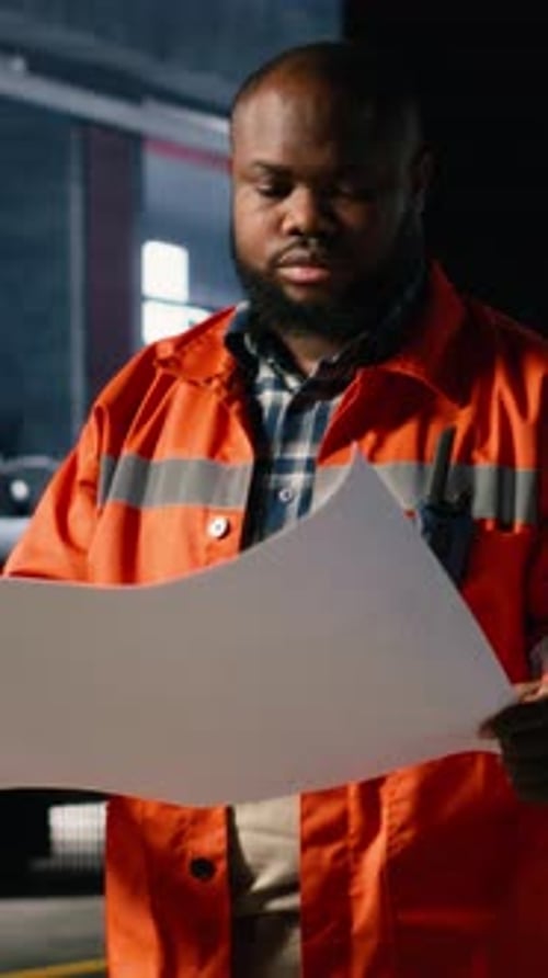 Vertical Video Black Supervisor Checking Industrial Plans for Coordinating Operation Tasks