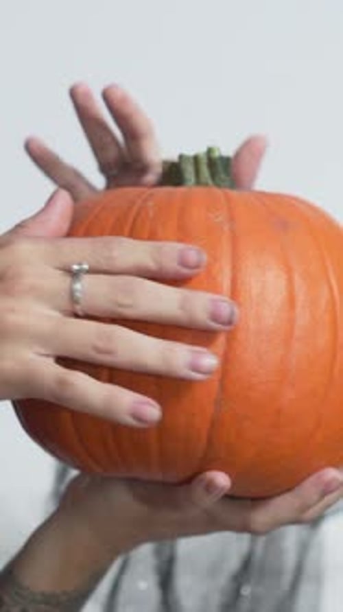 Two Women Wearing Witch Costume For Halloween Touching And Feeling Pumpkin Close Up