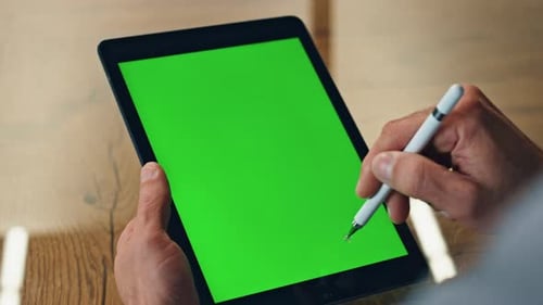 Designer Hand Drawing Greenscreen Tablet at Office Closeup. Anonymous Businessman Using Chroma