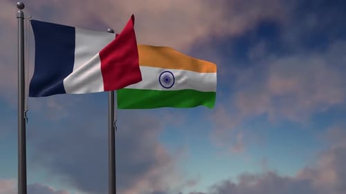 India Flag Waving Along With The National Flag Of The France - 4K