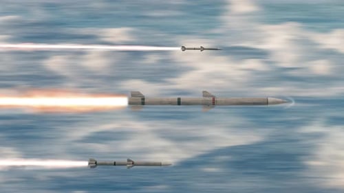 Dynamic Military Missiles Flying Through Blue Sky Animation