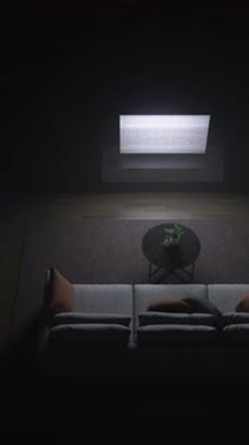 TV on with interference in the dark in front of the sofa. 3D render