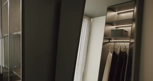 Armoire WalkIn moderne avec bois foncé et éclairage intégré