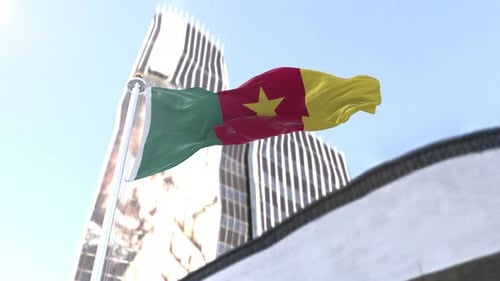 Realistic 3D Cameroon Flag Waving Animation Against Blue Sky