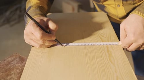 Man Measuring Wood for a Construction Project
