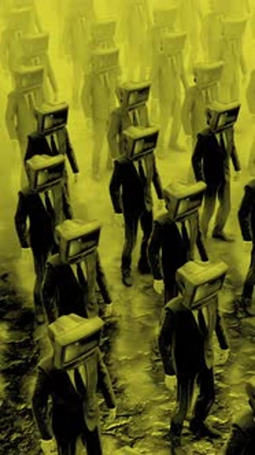 Retro Businessmen with Television Heads Walking Loop