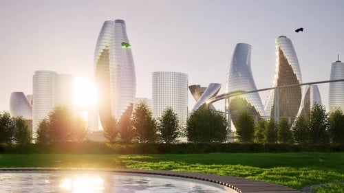 Future City Sunset Big Sun Disc Sky Train Maglev