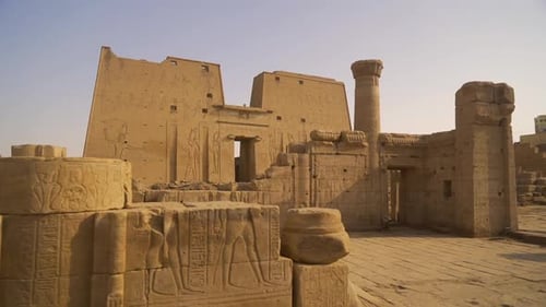 Arriving at the entrance of the Edfu Temple. Egypt. River Nile in the city of Edfu near Aswan, Greco