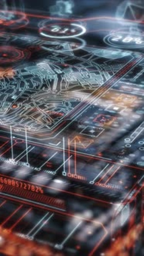 Pantalla frontal futurista con un mapa que muestra el análisis de datos