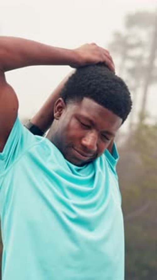 Mountain, stretching and black man for fitness, exercise and workout for health or mobility