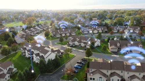 Aerial View of Suburban Neighborhood with Digital Network