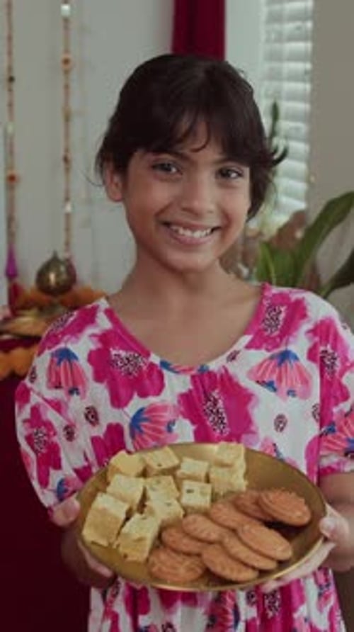 Jeune fille indienne tenant une assiette avec des bonbons sur Diwali, portrait vertical
