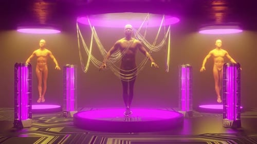 Menschen in beleuchteten Neonkreisen im 3D-Rendering einer abstrakten Science-Fiction-Szene im Labor