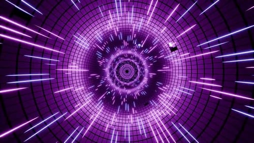 Purple Neon Lights Tunnel Grid Abstract Background Digital Art Space Flight Speed Light Rays Visuals