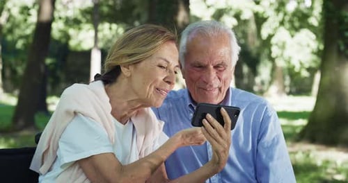 Senior Couple Using Smartphone in Sunny Park