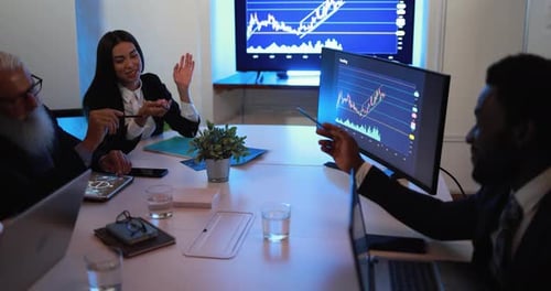 Business People Talking About New Trading Strategies Inside Bank Meeting Room - Investment And Fi...