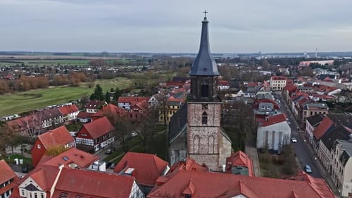 Aerial view of St. Marien church in Haldensleben, Saxony-Anhalt, Germany