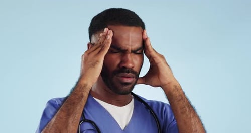 Headache, nurse and man with stress, burnout and anxiety from career at hospital