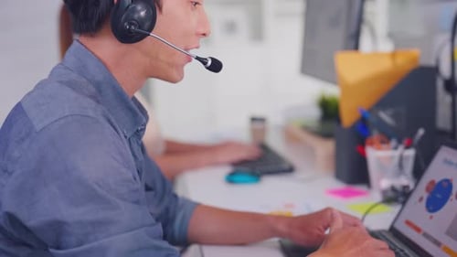 Asian businessman and woman call center work in the office corporate.