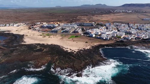 Aerial of Fuerteventura Volcanic Coast Beach and Resorts