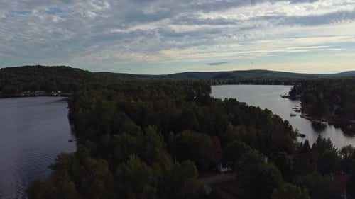 Aerial shot over a lake in Quebec, Canada.