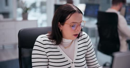Business, stress and woman at desk, mistake and reaction in modern office, frustrated and upset