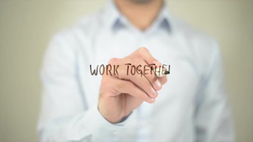 Work Together, Man Writing on Transparent Screen