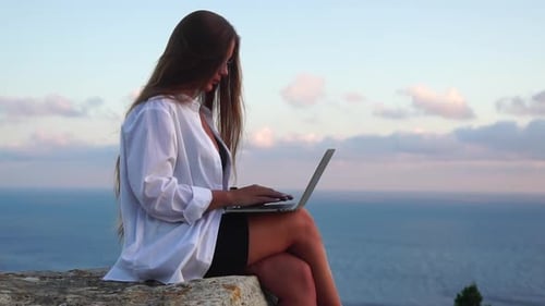 Woman Laptop Sea Working Remotely on Seashore Happy Successful Woman Female Freelancer Working on