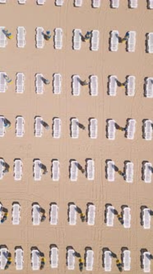Topdown Aerial View of a Neatly Arranged Beach with White Sunbeds and Colorful Umbrellas Casting